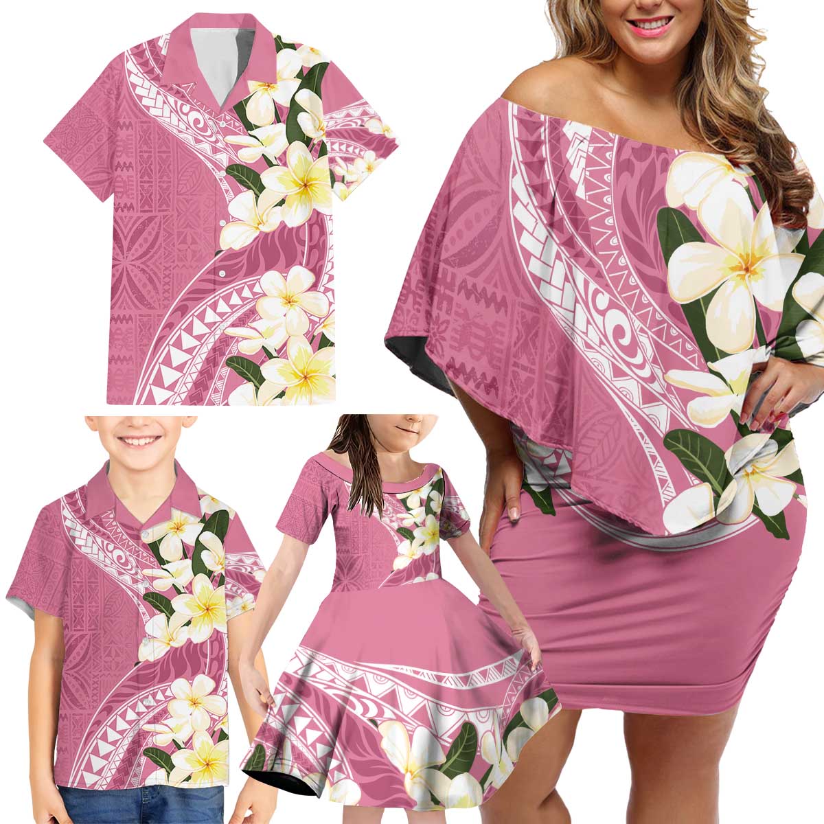 Aloha Hawaii Festive Family Matching Off Shoulder Short Dress and Hawaiian Shirt Frangipani Lace Classic - Rosy LT7 - Polynesian Pride