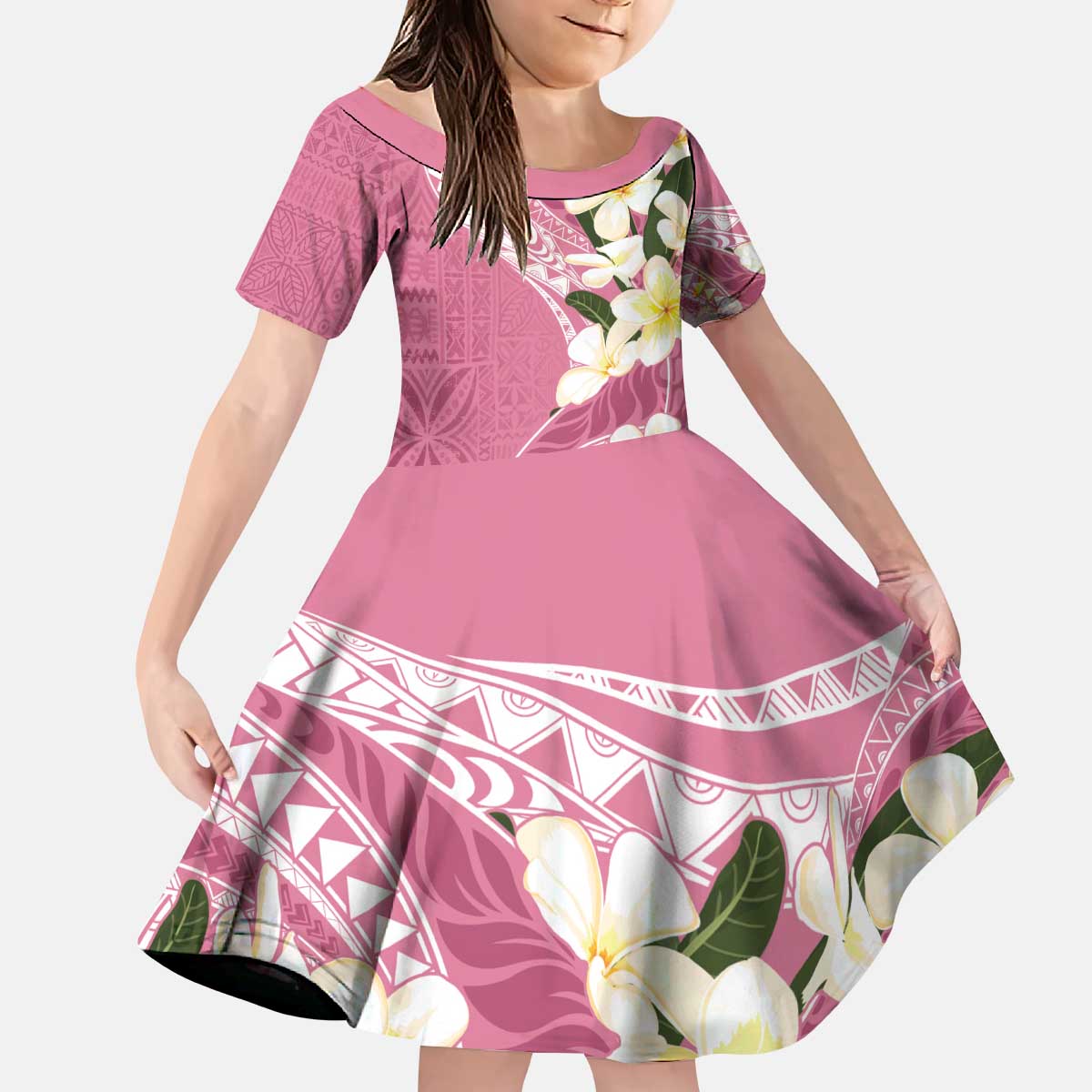 Aloha Hawaii Festive Family Matching Puletasi and Hawaiian Shirt Frangipani Lace Classic - Rosy LT7 Daughter's Dress Pink - Polynesian Pride