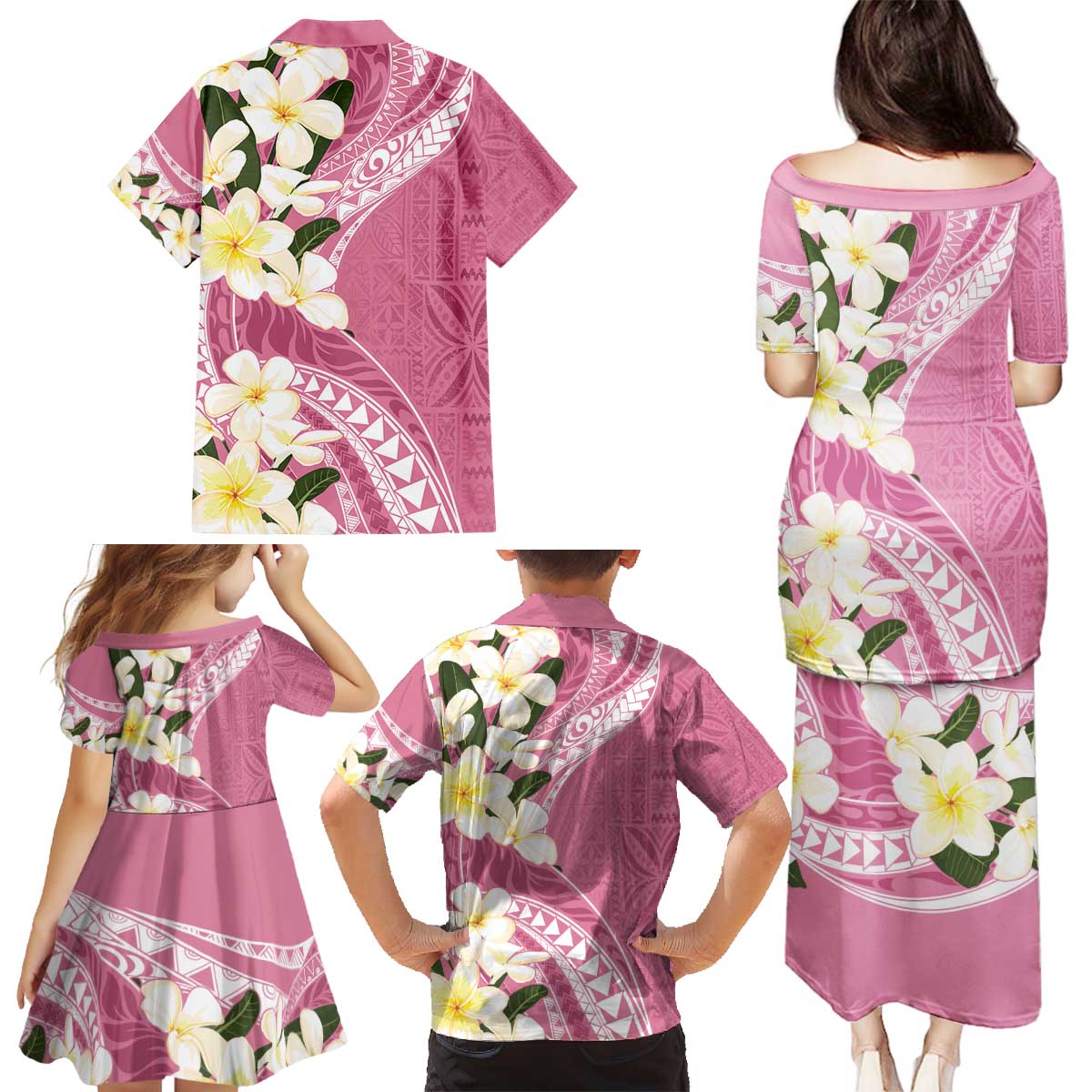 Aloha Hawaii Festive Family Matching Puletasi and Hawaiian Shirt Frangipani Lace Classic - Rosy LT7 - Polynesian Pride