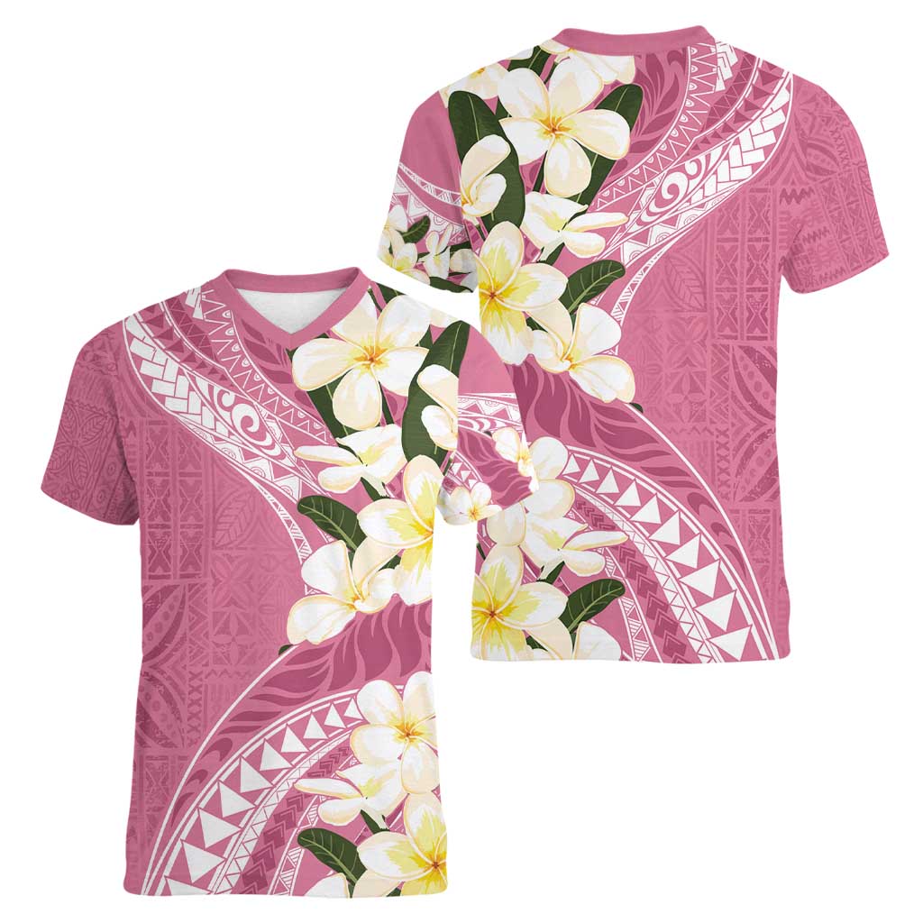 Aloha Hawaii Festive Women V-Neck T-Shirt Frangipani Lace Classic - Rosy LT7 - Polynesian Pride