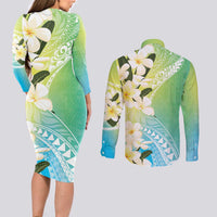 Aloha Hawaii Festive Couples Matching Long Sleeve Bodycon Dress and Long Sleeve Button Shirt Frangipani Lace Classic - Summer Vibes LT7 - Polynesian Pride