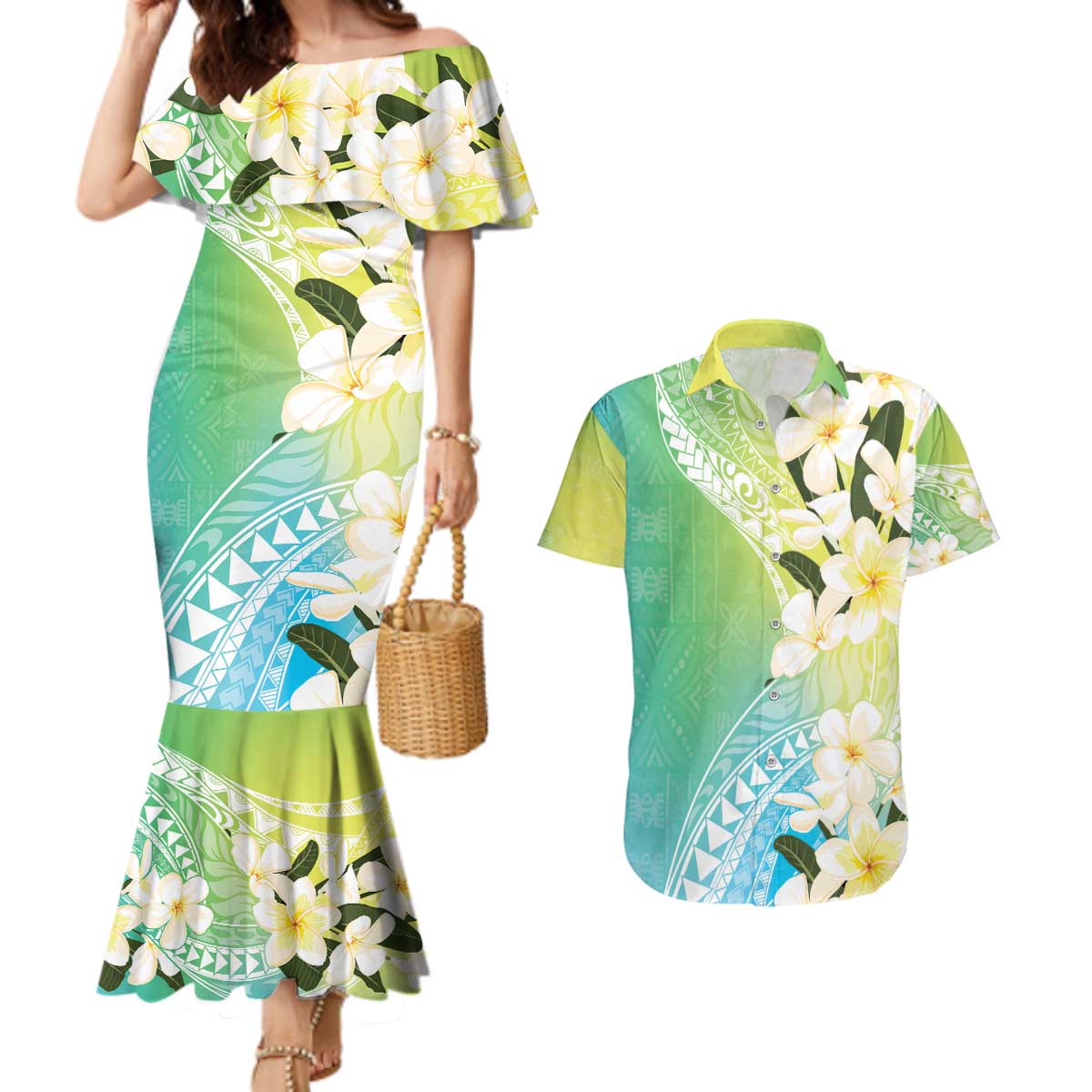 Aloha Hawaii Festive Couples Matching Mermaid Dress and Hawaiian Shirt Frangipani Lace Classic - Summer Vibes LT7 Blue Green - Polynesian Pride