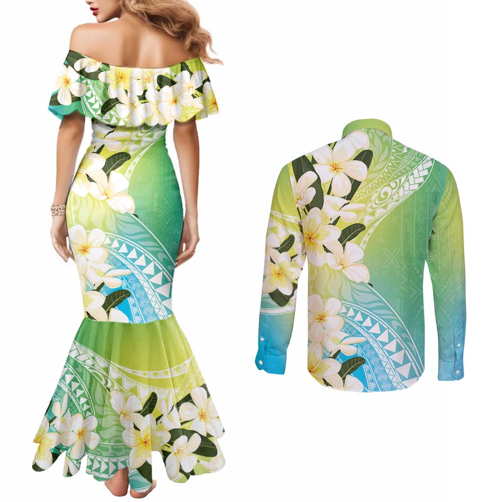 Aloha Hawaii Festive Couples Matching Mermaid Dress and Long Sleeve Button Shirt Frangipani Lace Classic - Summer Vibes LT7 - Polynesian Pride