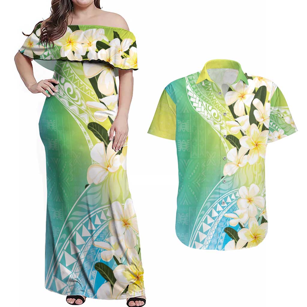 Aloha Hawaii Festive Couples Matching Off Shoulder Maxi Dress and Hawaiian Shirt Frangipani Lace Classic - Summer Vibes LT7 Blue Green - Polynesian Pride