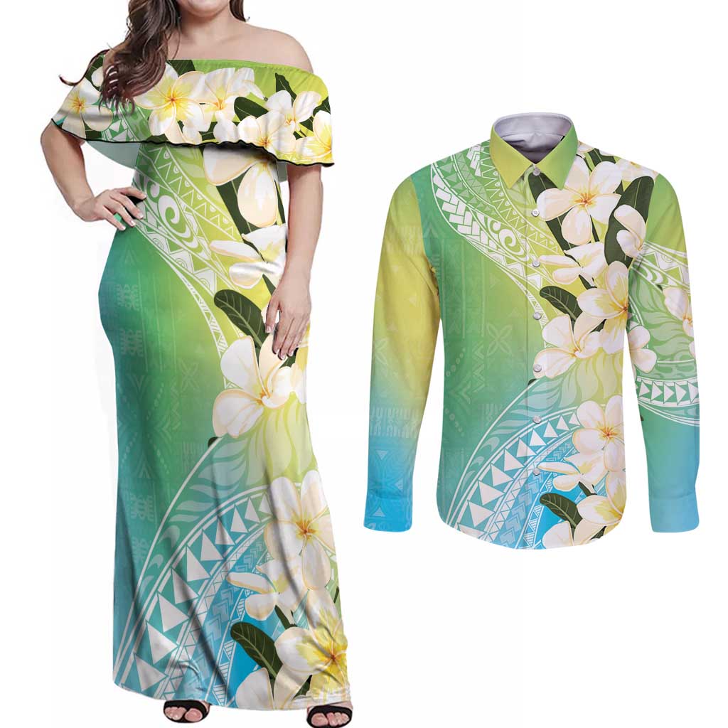 Aloha Hawaii Festive Couples Matching Off Shoulder Maxi Dress and Long Sleeve Button Shirt Frangipani Lace Classic - Summer Vibes LT7 Blue Green - Polynesian Pride