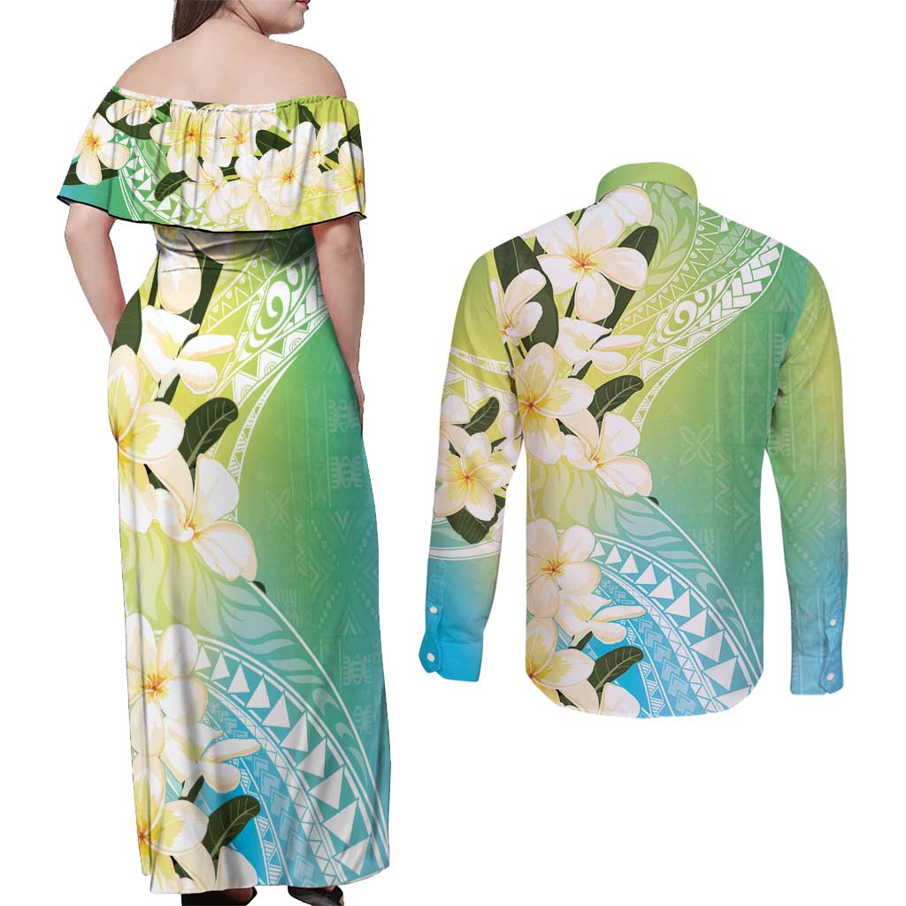 Aloha Hawaii Festive Couples Matching Off Shoulder Maxi Dress and Long Sleeve Button Shirt Frangipani Lace Classic - Summer Vibes LT7 - Polynesian Pride