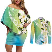 Aloha Hawaii Festive Couples Matching Off Shoulder Short Dress and Long Sleeve Button Shirt Frangipani Lace Classic - Summer Vibes LT7 Blue Green - Polynesian Pride
