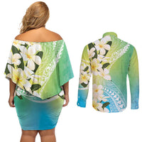 Aloha Hawaii Festive Couples Matching Off Shoulder Short Dress and Long Sleeve Button Shirt Frangipani Lace Classic - Summer Vibes LT7 - Polynesian Pride