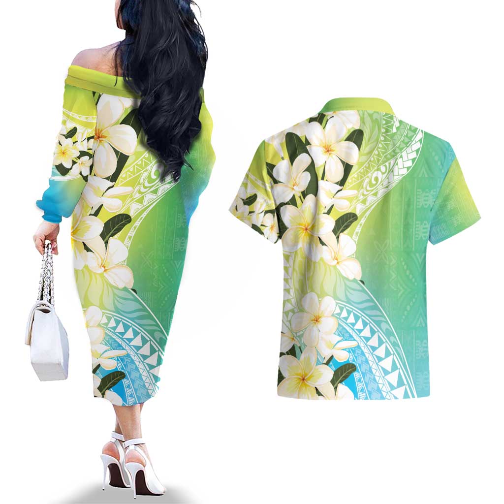 Aloha Hawaii Festive Couples Matching Off The Shoulder Long Sleeve Dress and Hawaiian Shirt Frangipani Lace Classic - Summer Vibes LT7 - Polynesian Pride