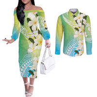 Aloha Hawaii Festive Couples Matching Off The Shoulder Long Sleeve Dress and Long Sleeve Button Shirt Frangipani Lace Classic - Summer Vibes LT7 Blue Green - Polynesian Pride