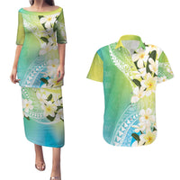 Aloha Hawaii Festive Couples Matching Puletasi and Hawaiian Shirt Frangipani Lace Classic - Summer Vibes LT7 Blue Green - Polynesian Pride