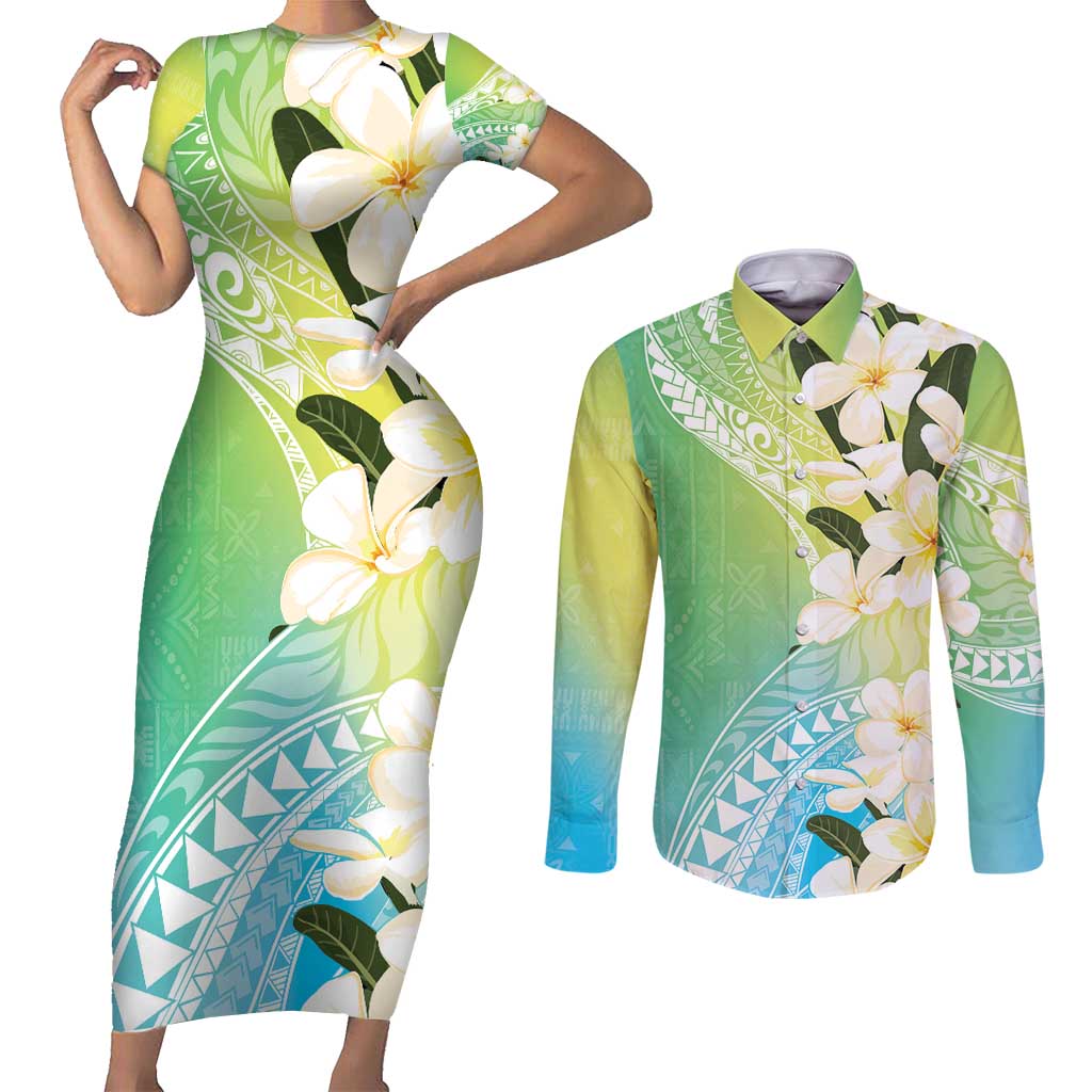 Aloha Hawaii Festive Couples Matching Short Sleeve Bodycon Dress and Long Sleeve Button Shirt Frangipani Lace Classic - Summer Vibes LT7 Blue Green - Polynesian Pride