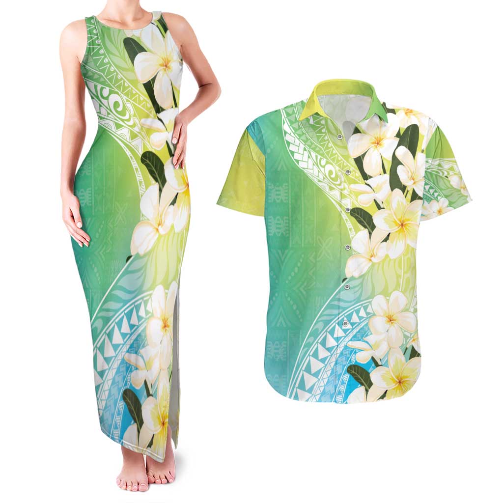 Aloha Hawaii Festive Couples Matching Tank Maxi Dress and Hawaiian Shirt Frangipani Lace Classic - Summer Vibes LT7 Blue Green - Polynesian Pride