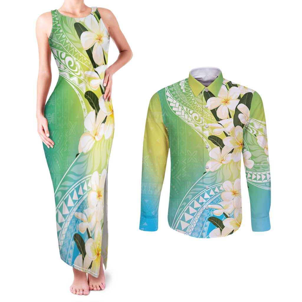 Aloha Hawaii Festive Couples Matching Tank Maxi Dress and Long Sleeve Button Shirt Frangipani Lace Classic - Summer Vibes LT7 Blue Green - Polynesian Pride