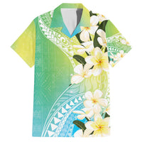 Aloha Hawaii Festive Family Matching Off The Shoulder Long Sleeve Dress and Hawaiian Shirt Frangipani Lace Classic - Summer Vibes LT7 Dad's Shirt - Short Sleeve Blue Green - Polynesian Pride