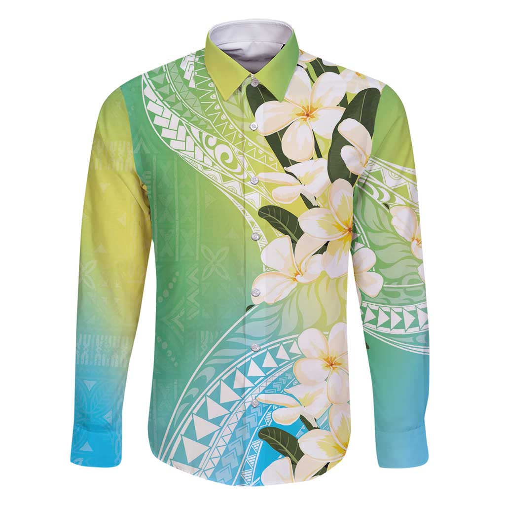 Aloha Hawaii Festive Family Matching Off Shoulder Maxi Dress and Hawaiian Shirt Frangipani Lace Classic - Summer Vibes LT7 Dad's Shirt - Long Sleeve Blue Green - Polynesian Pride