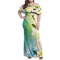 Aloha Hawaii Festive Family Matching Off Shoulder Maxi Dress and Hawaiian Shirt Frangipani Lace Classic - Summer Vibes LT7 Mom's Dress Blue Green - Polynesian Pride