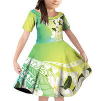 Aloha Hawaii Festive Family Matching Off Shoulder Short Dress and Hawaiian Shirt Frangipani Lace Classic - Summer Vibes LT7 Daughter's Dress Blue Green - Polynesian Pride