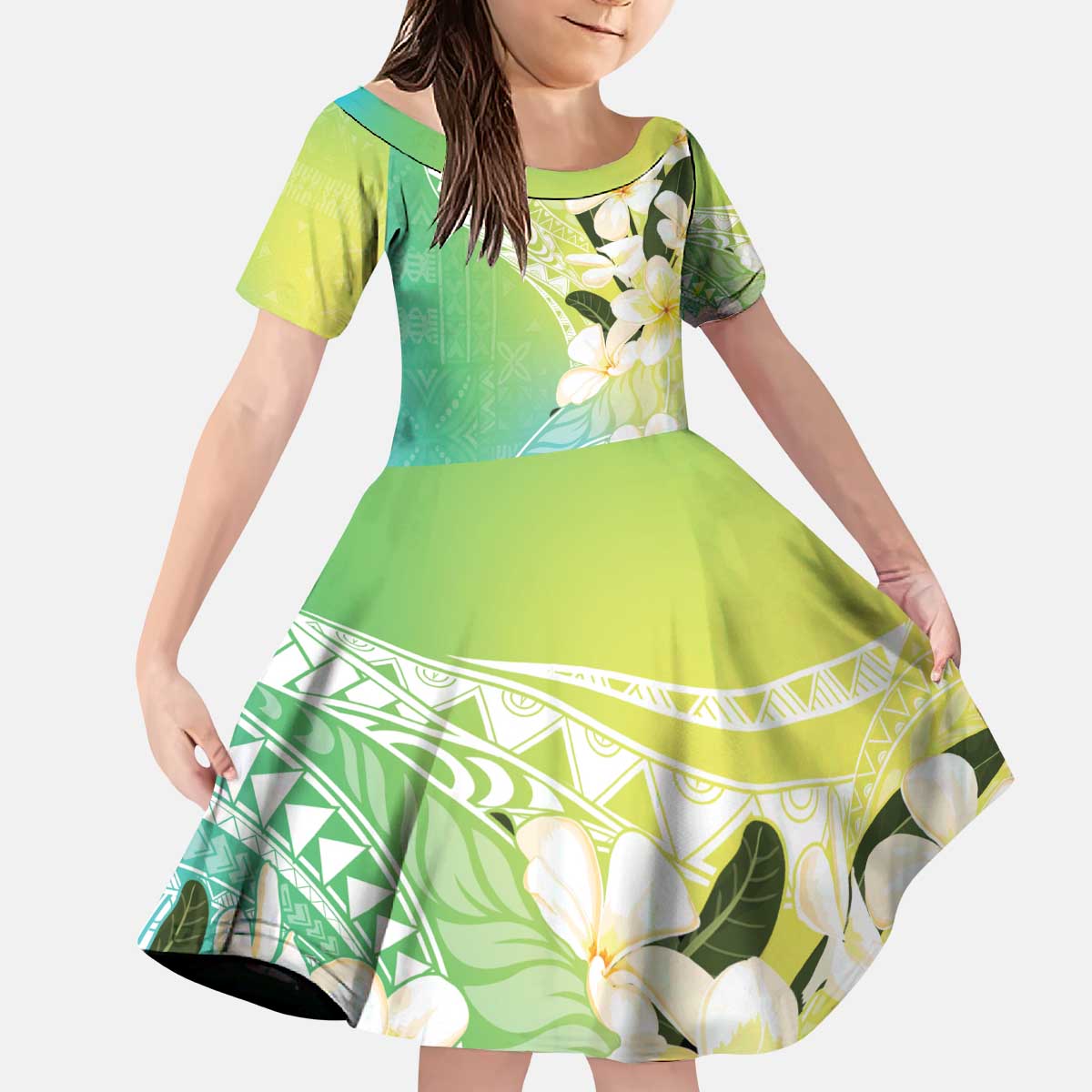 Aloha Hawaii Festive Family Matching Puletasi and Hawaiian Shirt Frangipani Lace Classic - Summer Vibes LT7 Daughter's Dress Blue Green - Polynesian Pride