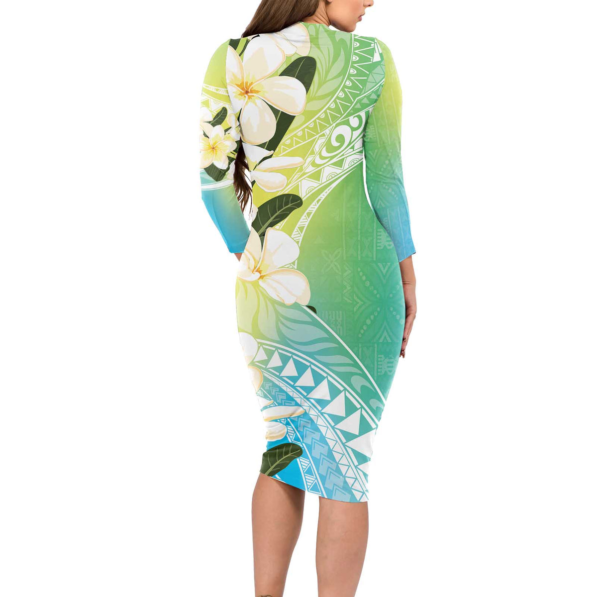 Aloha Hawaii Festive Long Sleeve Bodycon Dress Frangipani Lace Classic - Summer Vibes