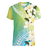 Aloha Hawaii Festive Women V-Neck T-Shirt Frangipani Lace Classic - Summer Vibes LT7 Female Blue Green - Polynesian Pride