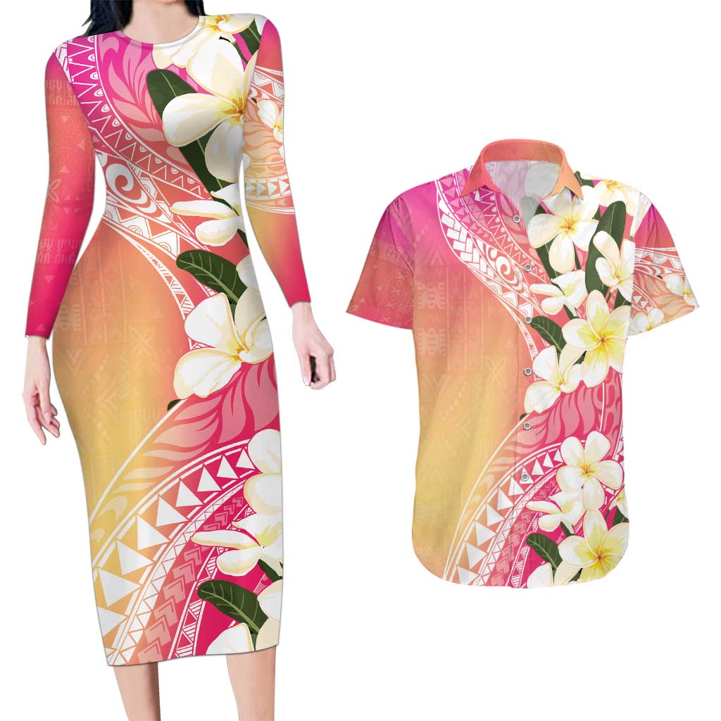 Aloha Hawaii Festive Couples Matching Long Sleeve Bodycon Dress and Hawaiian Shirt Frangipani Lace Classic - Spring Vibes LT7 Colorful - Polynesian Pride