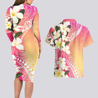Aloha Hawaii Festive Couples Matching Long Sleeve Bodycon Dress and Hawaiian Shirt Frangipani Lace Classic - Spring Vibes LT7 - Polynesian Pride