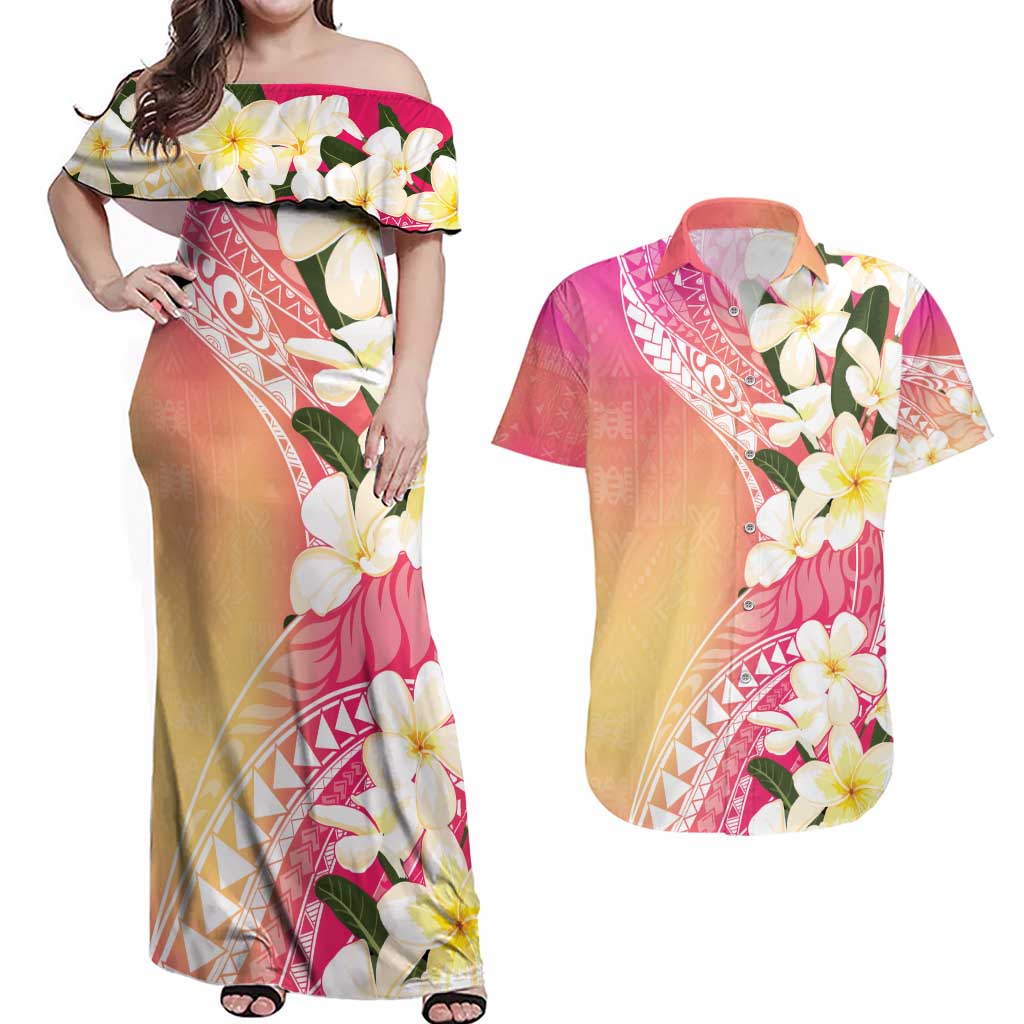 Aloha Hawaii Festive Couples Matching Off Shoulder Maxi Dress and Hawaiian Shirt Frangipani Lace Classic - Spring Vibes LT7 Colorful - Polynesian Pride