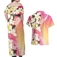 Aloha Hawaii Festive Couples Matching Off Shoulder Maxi Dress and Hawaiian Shirt Frangipani Lace Classic - Spring Vibes LT7 - Polynesian Pride