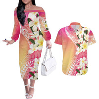Aloha Hawaii Festive Couples Matching Off The Shoulder Long Sleeve Dress and Hawaiian Shirt Frangipani Lace Classic - Spring Vibes LT7 Colorful - Polynesian Pride