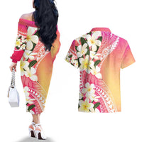 Aloha Hawaii Festive Couples Matching Off The Shoulder Long Sleeve Dress and Hawaiian Shirt Frangipani Lace Classic - Spring Vibes LT7 - Polynesian Pride
