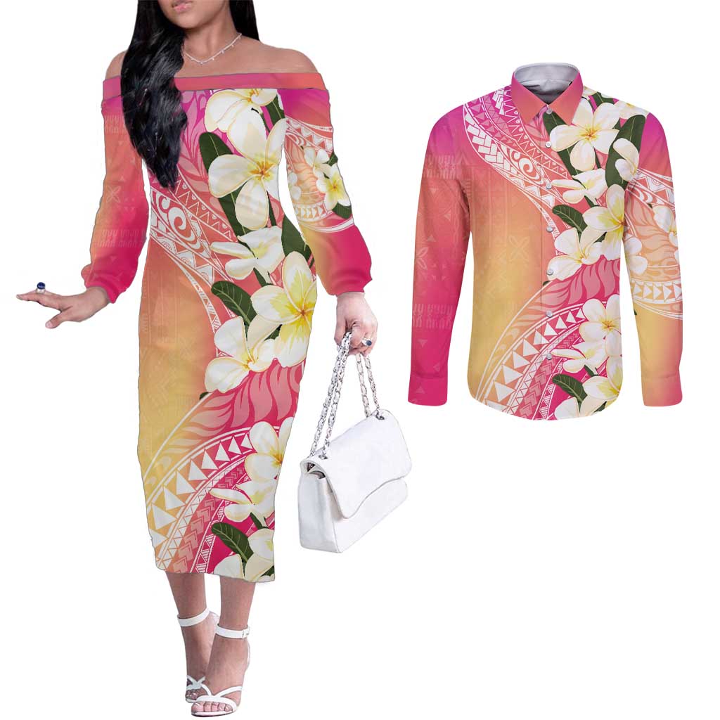 Aloha Hawaii Festive Couples Matching Off The Shoulder Long Sleeve Dress and Long Sleeve Button Shirt Frangipani Lace Classic - Spring Vibes LT7 Colorful - Polynesian Pride