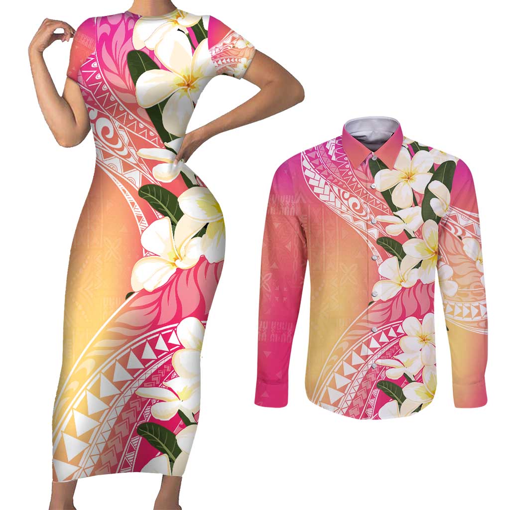 Aloha Hawaii Festive Couples Matching Short Sleeve Bodycon Dress and Long Sleeve Button Shirt Frangipani Lace Classic - Spring Vibes LT7 Colorful - Polynesian Pride