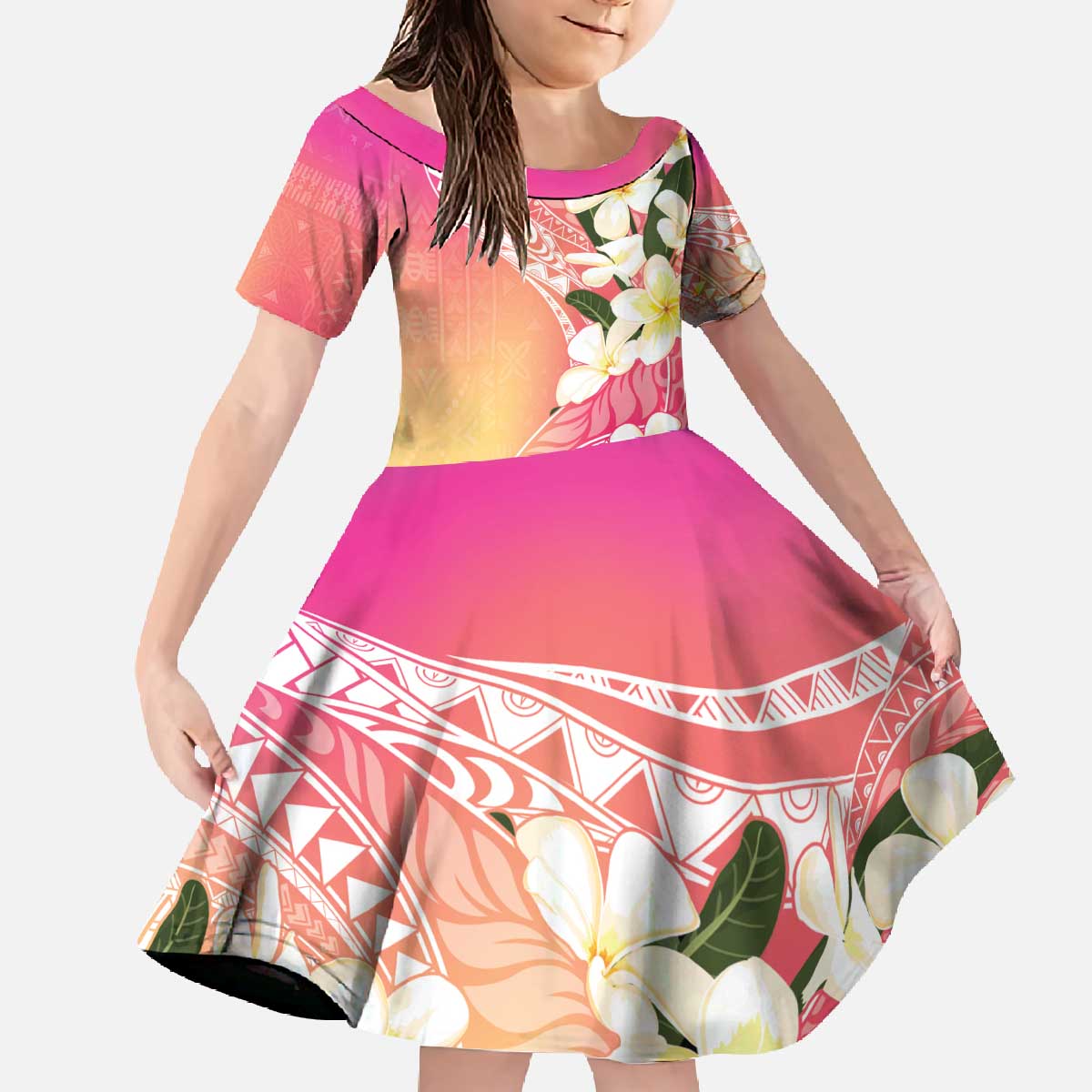 Aloha Hawaii Festive Family Matching Off The Shoulder Long Sleeve Dress and Hawaiian Shirt Frangipani Lace Classic - Spring Vibes LT7 Daughter's Dress Colorful - Polynesian Pride