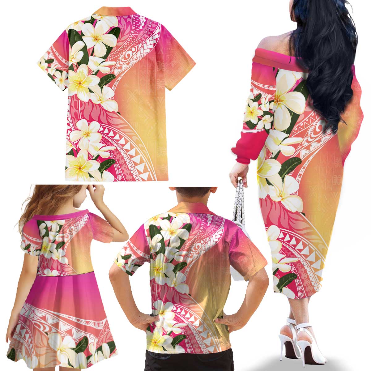 Aloha Hawaii Festive Family Matching Off The Shoulder Long Sleeve Dress and Hawaiian Shirt Frangipani Lace Classic - Spring Vibes LT7 - Polynesian Pride