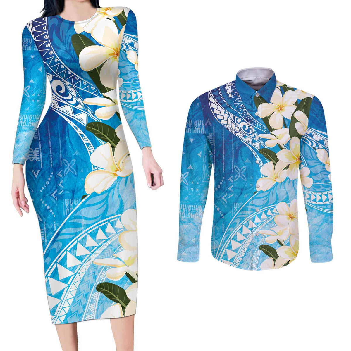 Aloha Hawaii Festive Couples Matching Long Sleeve Bodycon Dress and Long Sleeve Button Shirt Frangipani Lace Classic - Oceanic LT7 Navy - Polynesian Pride