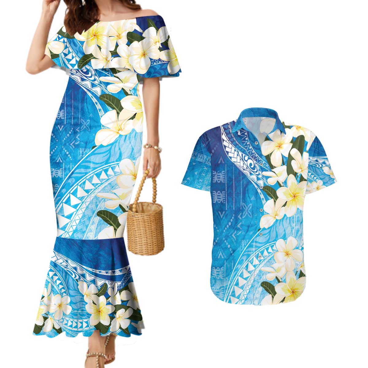 Aloha Hawaii Festive Couples Matching Mermaid Dress and Hawaiian Shirt Frangipani Lace Classic - Oceanic LT7 Navy - Polynesian Pride