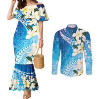 Aloha Hawaii Festive Couples Matching Mermaid Dress and Long Sleeve Button Shirt Frangipani Lace Classic - Oceanic LT7 Navy - Polynesian Pride