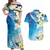 Aloha Hawaii Festive Couples Matching Off Shoulder Maxi Dress and Hawaiian Shirt Frangipani Lace Classic - Oceanic LT7 Navy - Polynesian Pride