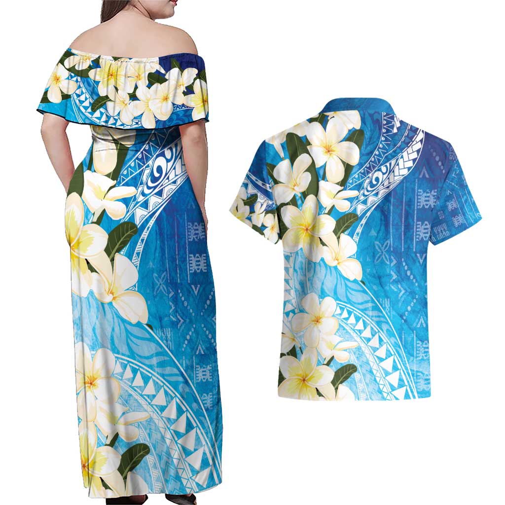 Aloha Hawaii Festive Couples Matching Off Shoulder Maxi Dress and Hawaiian Shirt Frangipani Lace Classic - Oceanic LT7 - Polynesian Pride