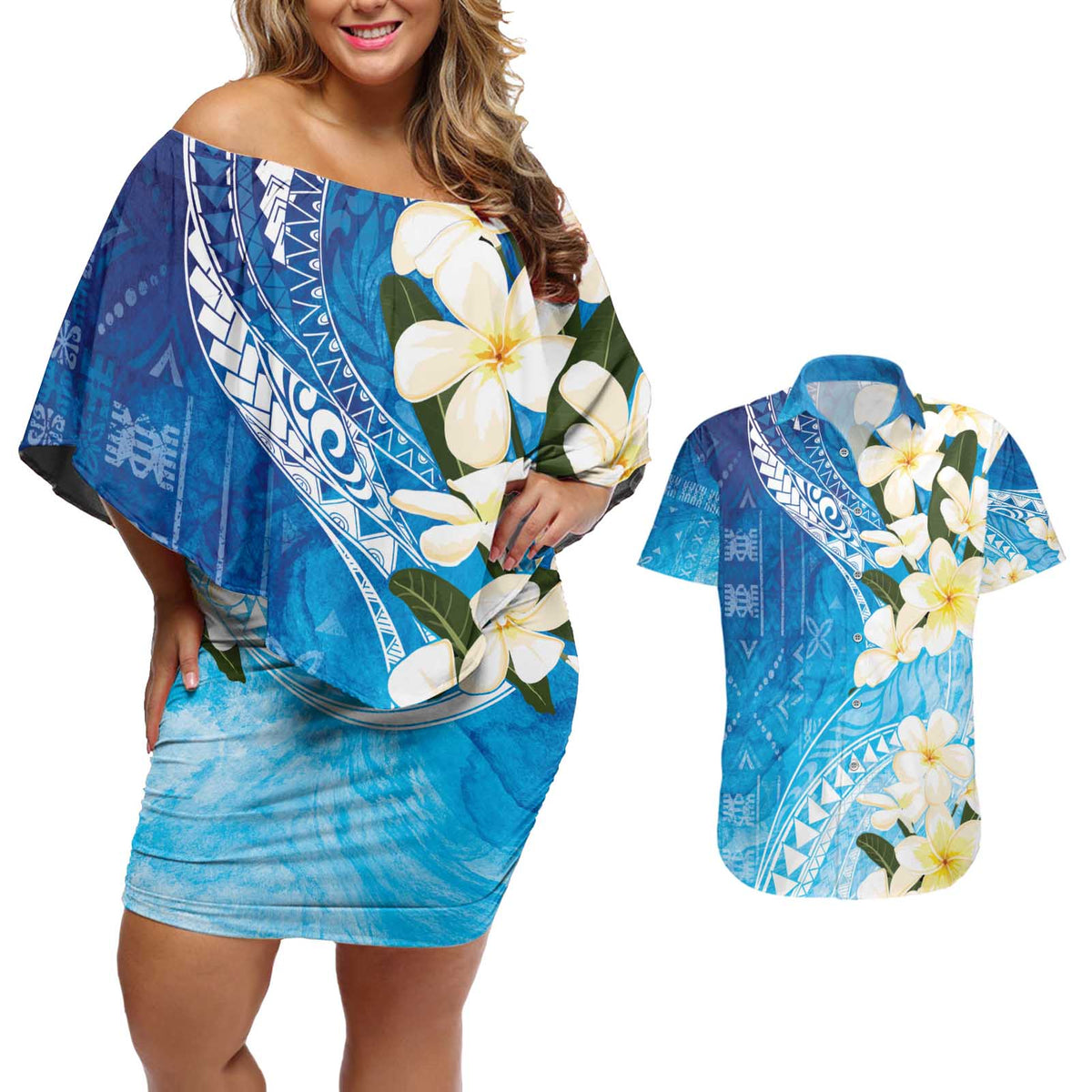 Aloha Hawaii Festive Couples Matching Off Shoulder Short Dress and Hawaiian Shirt Frangipani Lace Classic - Oceanic LT7 Navy - Polynesian Pride