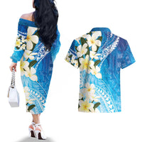 Aloha Hawaii Festive Couples Matching Off The Shoulder Long Sleeve Dress and Hawaiian Shirt Frangipani Lace Classic - Oceanic LT7 - Polynesian Pride
