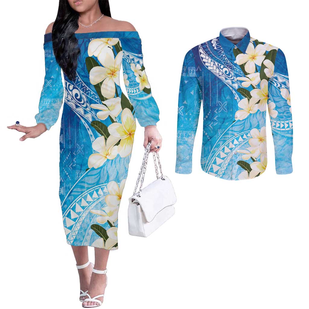 Aloha Hawaii Festive Couples Matching Off The Shoulder Long Sleeve Dress and Long Sleeve Button Shirt Frangipani Lace Classic - Oceanic LT7 Navy - Polynesian Pride