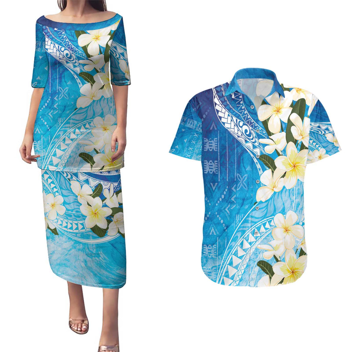 Aloha Hawaii Festive Couples Matching Puletasi and Hawaiian Shirt Frangipani Lace Classic - Oceanic LT7 Navy - Polynesian Pride