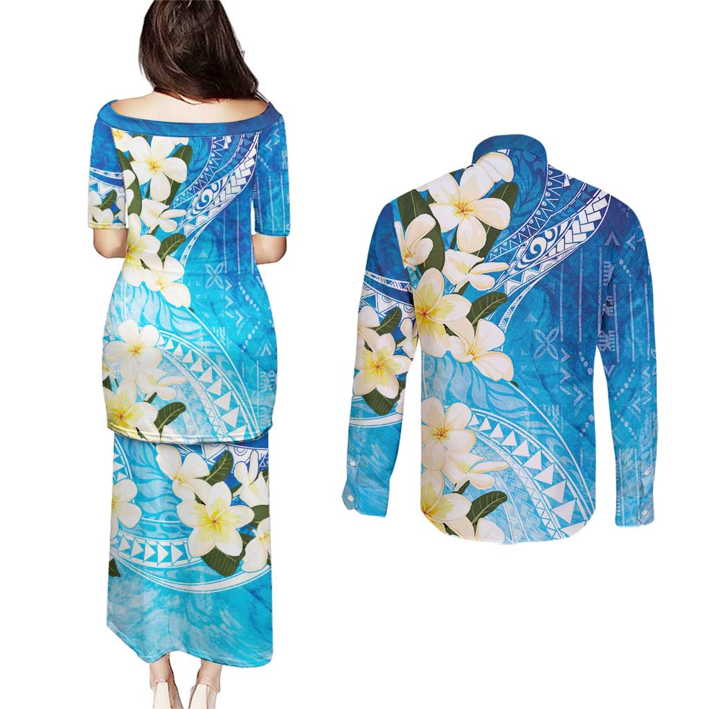 Aloha Hawaii Festive Couples Matching Puletasi and Long Sleeve Button Shirt Frangipani Lace Classic - Oceanic