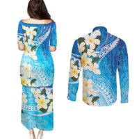 Aloha Hawaii Festive Couples Matching Puletasi and Long Sleeve Button Shirt Frangipani Lace Classic - Oceanic