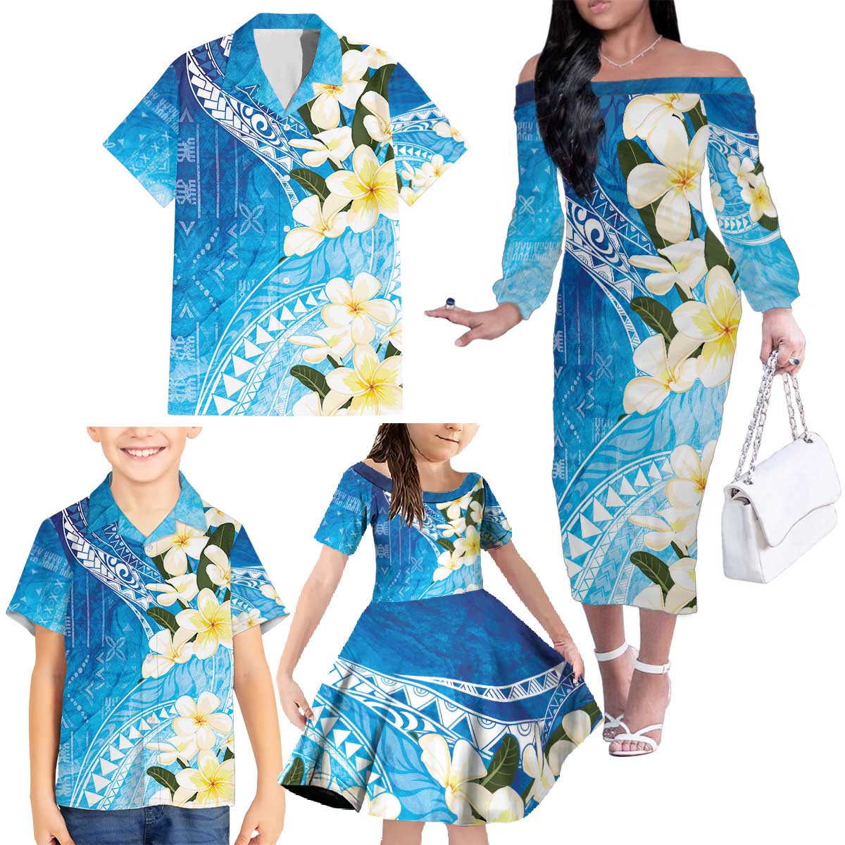 Aloha Hawaii Festive Family Matching Off The Shoulder Long Sleeve Dress and Hawaiian Shirt Frangipani Lace Classic - Oceanic LT7 - Polynesian Pride