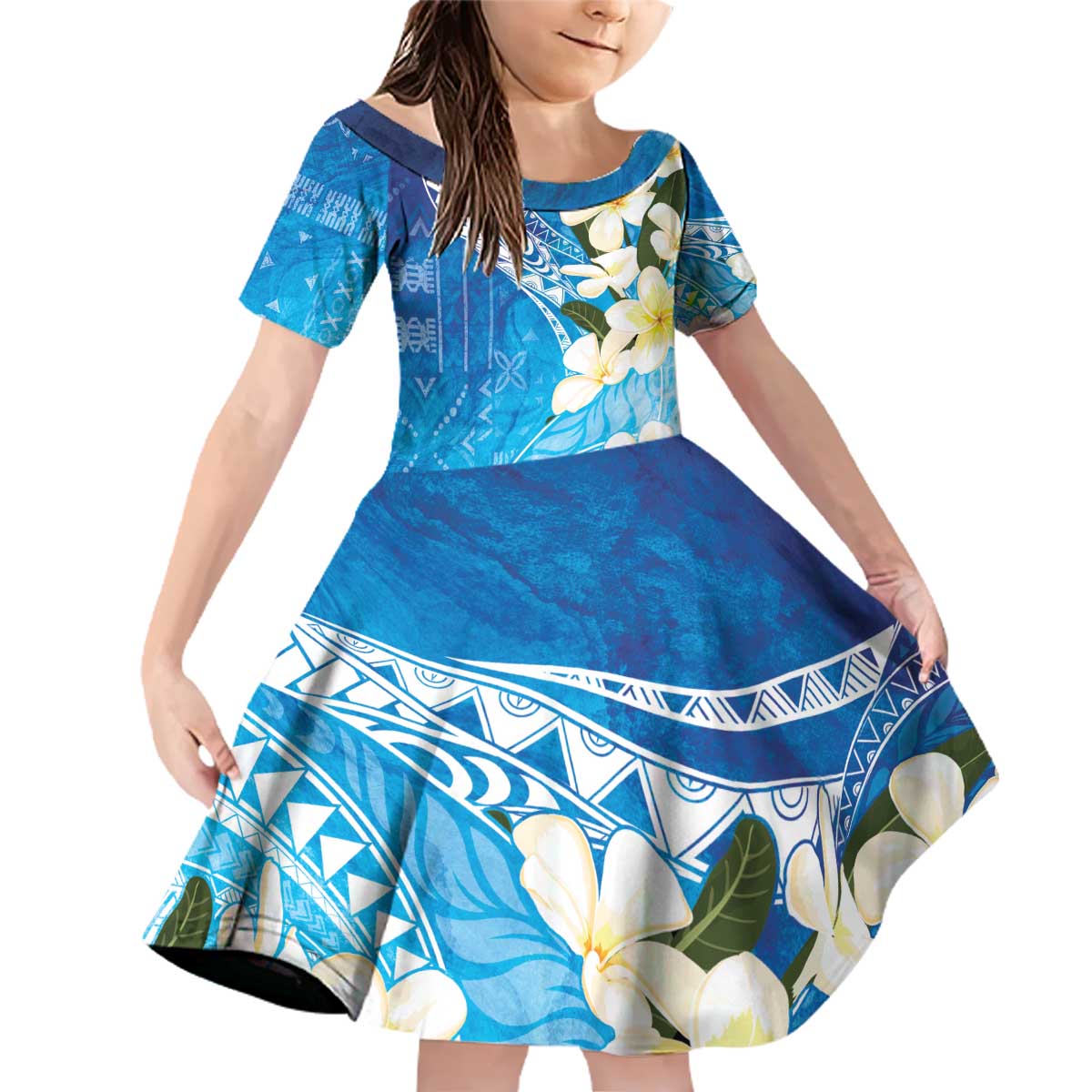 Aloha Hawaii Festive Family Matching Off Shoulder Short Dress and Hawaiian Shirt Frangipani Lace Classic - Oceanic LT7 Daughter's Dress Navy - Polynesian Pride