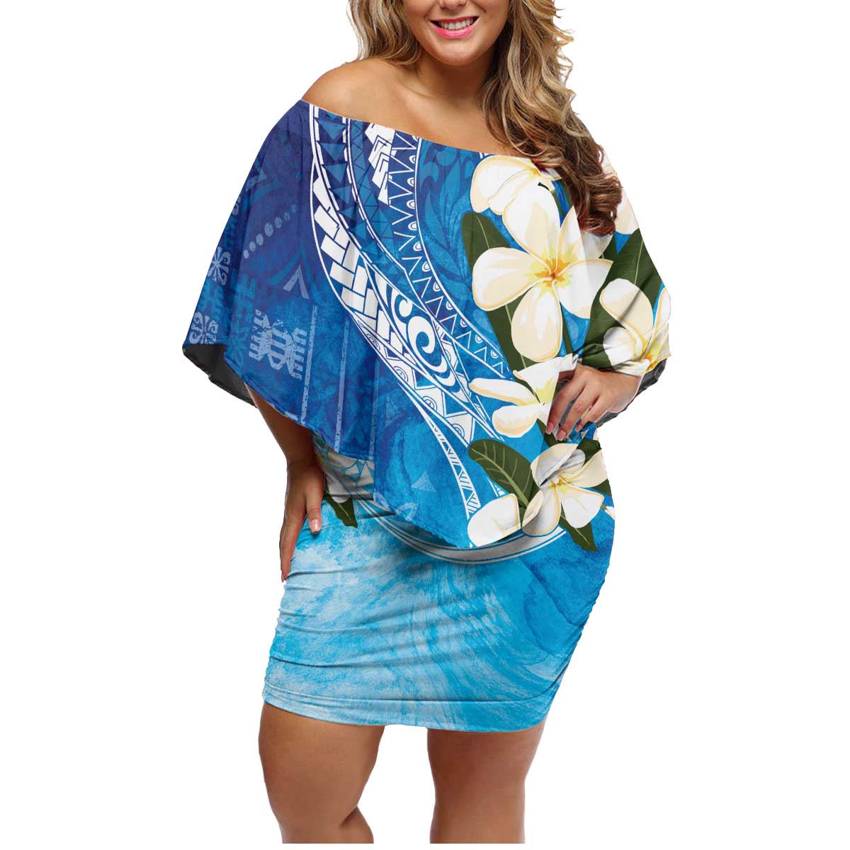 Aloha Hawaii Festive Family Matching Off Shoulder Short Dress and Hawaiian Shirt Frangipani Lace Classic - Oceanic LT7 Mom's Dress Navy - Polynesian Pride