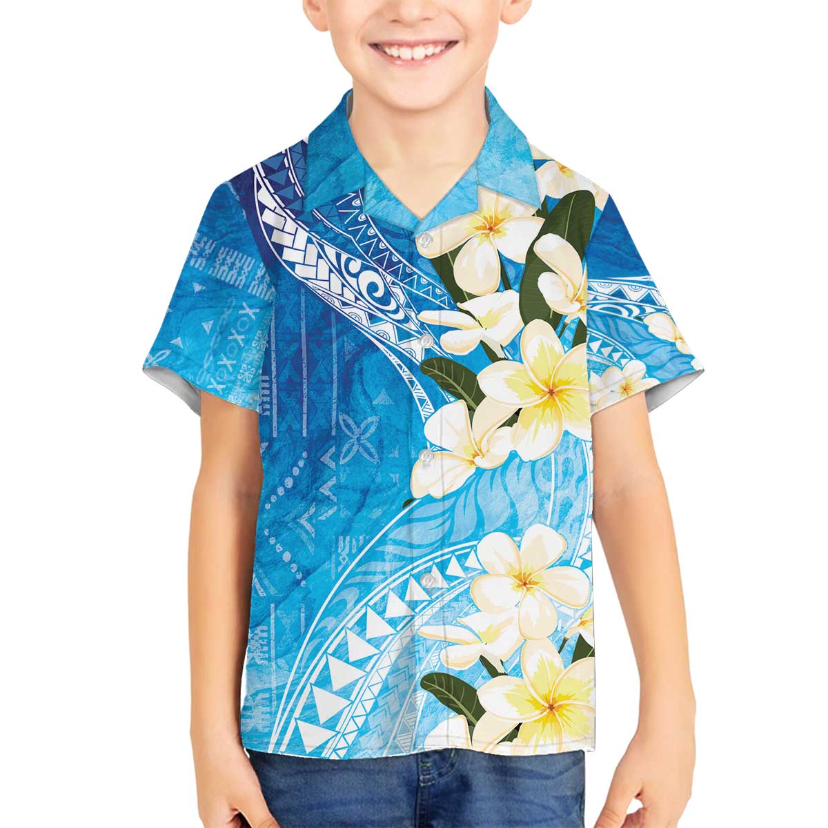 Aloha Hawaii Festive Family Matching Off Shoulder Short Dress and Hawaiian Shirt Frangipani Lace Classic - Oceanic LT7 Son's Shirt Navy - Polynesian Pride